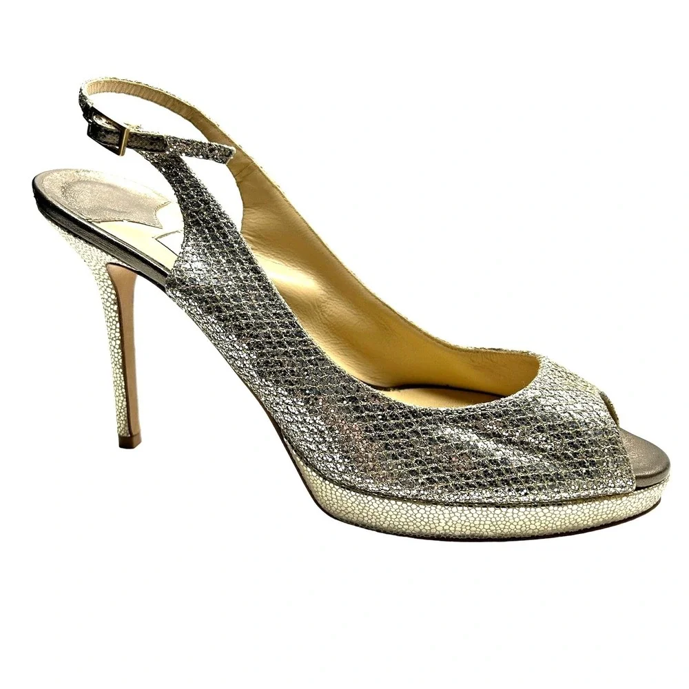 Jimmy Choo Womens Nova Gold Glitter Slingback Heels Peep Toe Size 40 / US 9